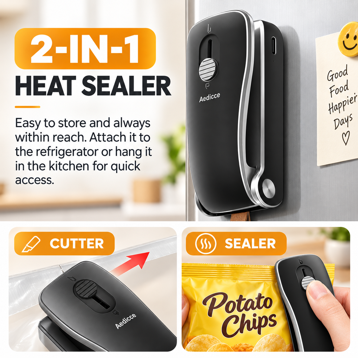 Handheld Mini Bag Sealer, 2-in-1 Rechargeable Heat Seal with Cutter for Chip Bags, Snacks & Kitchen Food Storage