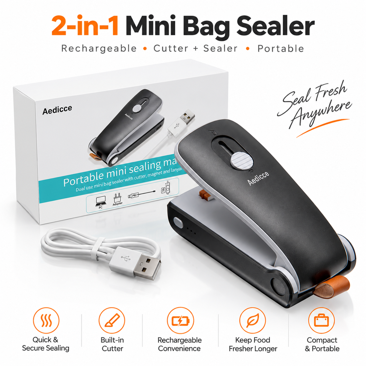 Handheld Mini Bag Sealer, 2-in-1 Rechargeable Heat Seal with Cutter for Chip Bags, Snacks & Kitchen Food Storage