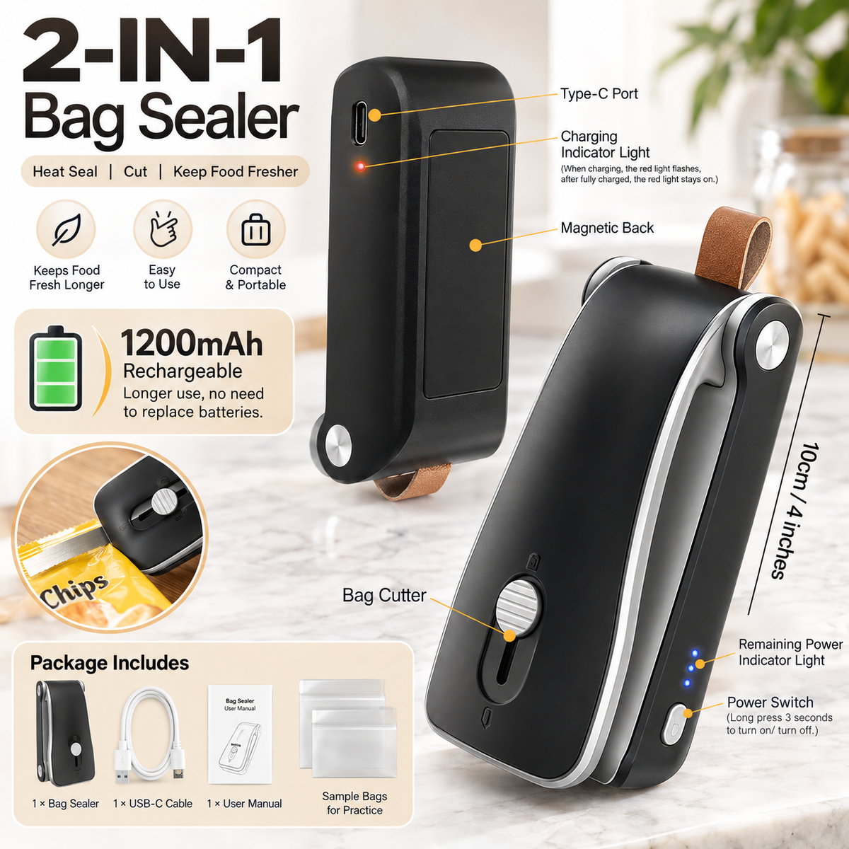 Handheld Mini Bag Sealer, 2-in-1 Rechargeable Heat Seal with Cutter for Chip Bags, Snacks & Kitchen Food Storage
